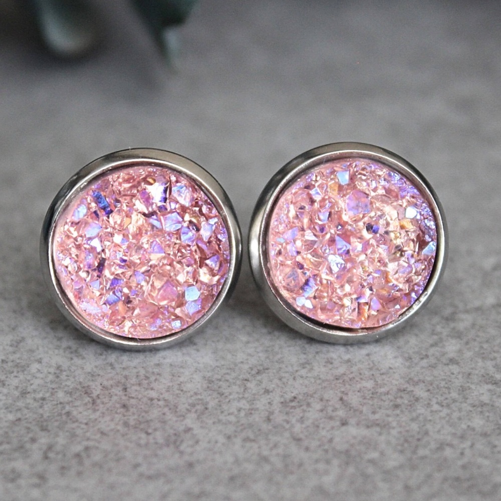 Pink Druzy Earrings, Pink Stud Earrings, Pink Post